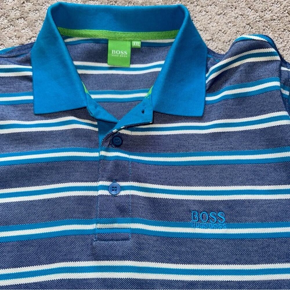 Men’s HUGO BOSS Blue Striped Polo Short Sleeve Shirt Size XXL but fits like L/XL - Picture 2 of 4